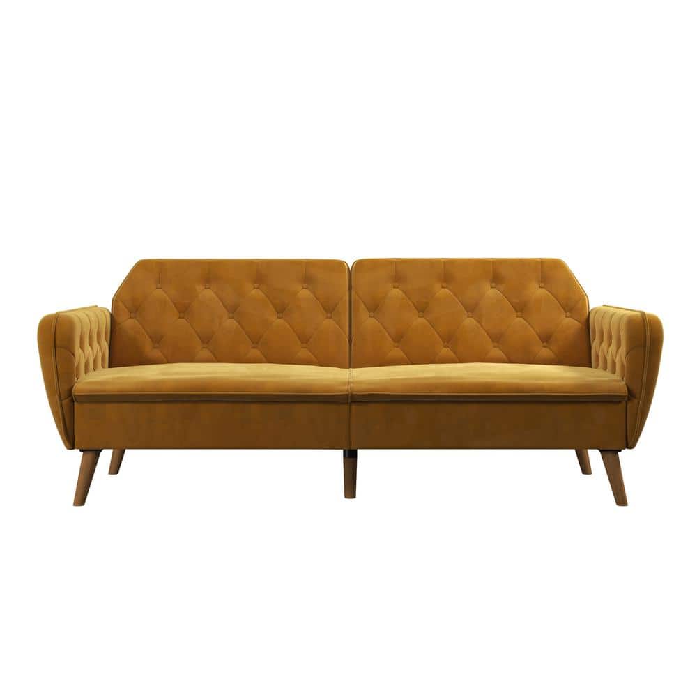 Mustard Faux Leather Tufted Twin Sleeper Sofa with Memory Foam