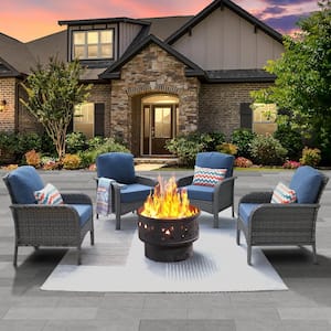 New Hyacinth Gray 5-Piece Wicker Patio Wood Burning Fire Pit Conversation Seating Set with Denim Blue Cushions