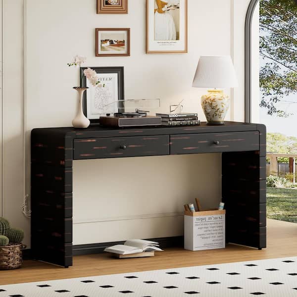 55 in. L Distressed Black Rectangle Wood Console Table with 2 Drawers