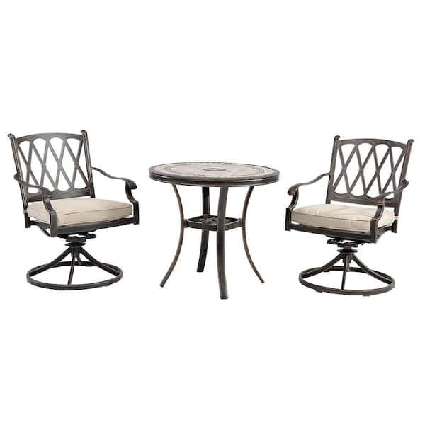 Mondawe Charcoal Gray 3-Pieces Cast Aluminum Round Tile-Top Table Outdoor Dining Set and Backrest Chairs with Beige Cushions