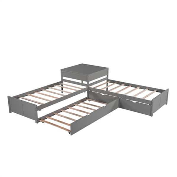 Donason 117.6 in. W Gray Twin Wood Frame Platform Bed with Drawers and Desk