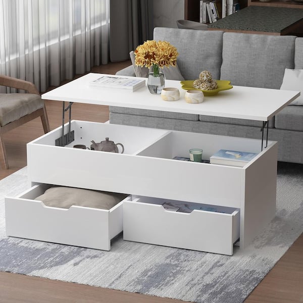FUFU&GAGA 45.3 in. White Rectangle MDF Wood Lift Top Coffee Table with  Hidden Storage Shelf and 2-Drawers KF200019-01 - The Home Depot
