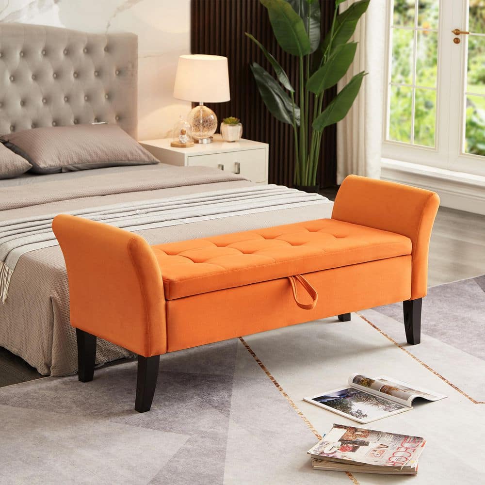 Charlotte Orange 51.5 in. Velvet Upholstered Storage Bedroom Bench with Tufted Seat, Solid Wood Legs, Curved Arms
