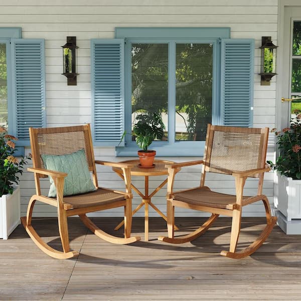 2-Pieces Brown Acacia Wood Outdoor Rocking Chair with Wicker Rattan Seat and Backrest