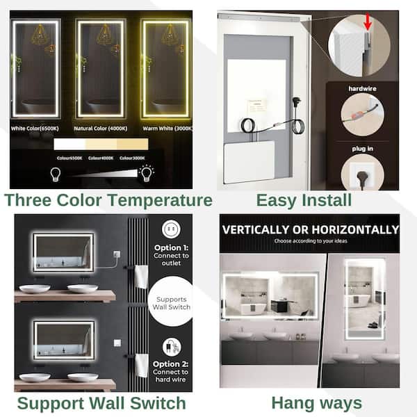 36 in. W x 72 in. H Rectangle Wall-mounted Full-length Mirror, LED Light Full Body Mirror Dresser Mirror