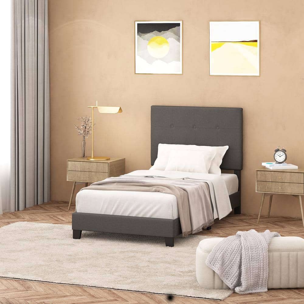 Stone Gray Twin Linen Upholstered Tufted Bed Frame