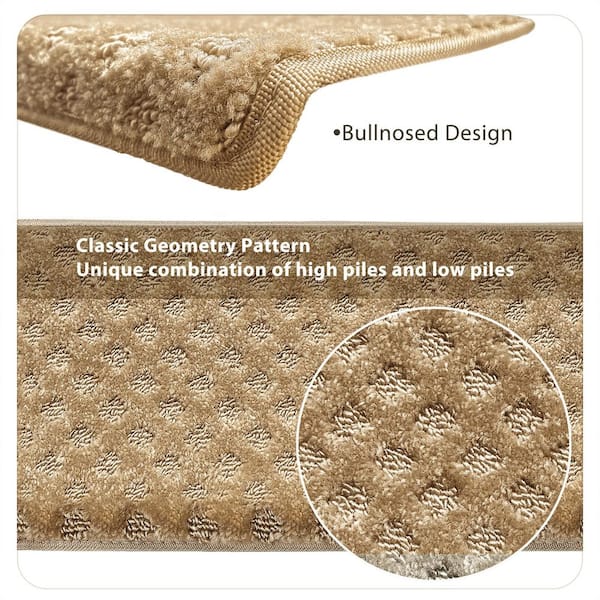 Mini Diamond Khaki 9.5 in. x 30 in. x 1.2 in. Bullnose Indoor Non-slip Carpet Stair Tread Cover Tape Free (Set of 14)