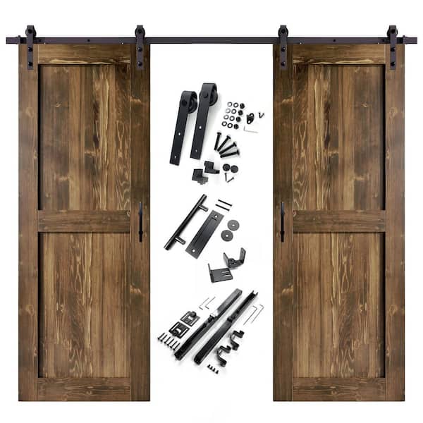 HOMACER 32 in. x 84 in. H-Frame Walnut Double Pine Wood Interior Sliding Barn Door with Hardware Kit Non-Bypass