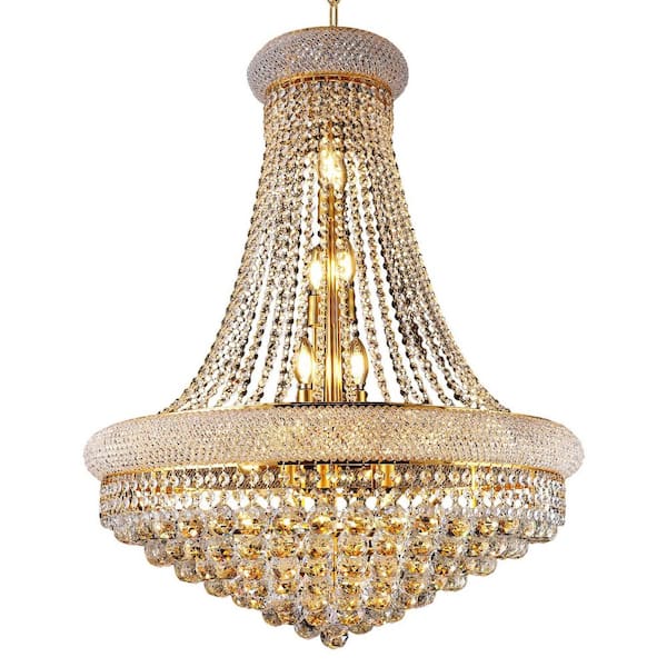 28 in. 15-Light Gold Crystal Chandelier 3-Tier French Empire Style LED Bulbs Included for Foyer, Staircase, Entryway