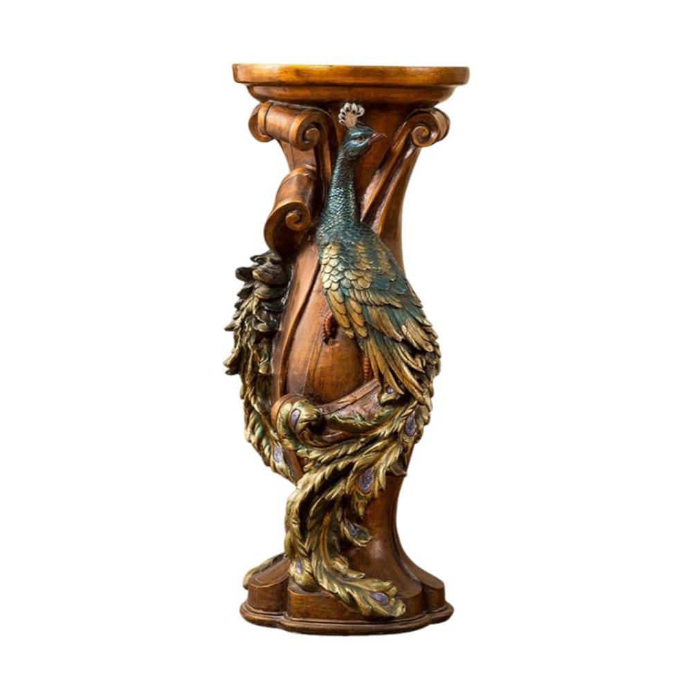 Brown Round Resin 11 in. Faux Wood Peacock Carved Decorative Pedestal Stand price history on PriceWatchPro
