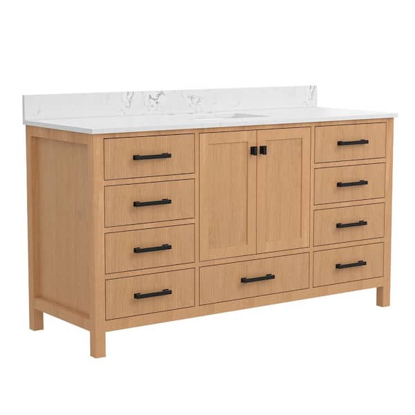 StarrySky 60 in. Undermount Single Sink Freestanding Bath Vanity in Natural Wood with White Engineered Stone Top