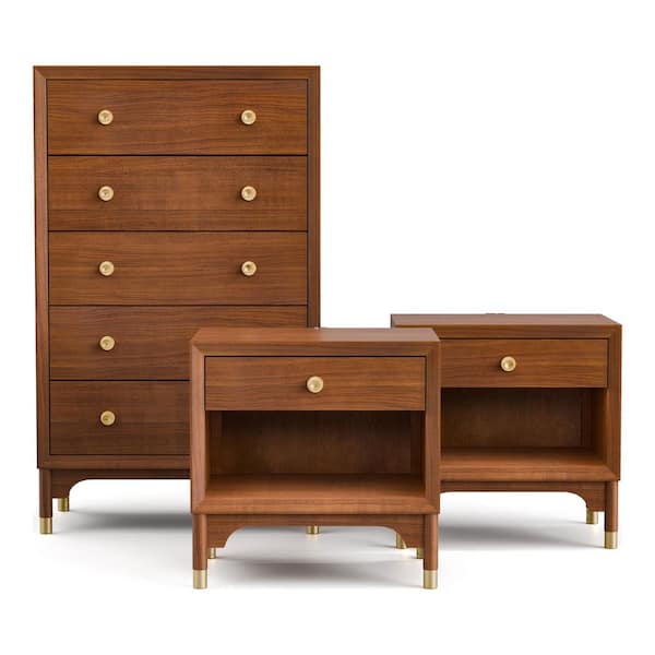 Forma 3-Piece Mid Century Walnut 1-Drawer 26 in. W Set of 2-Nightstands and Chest