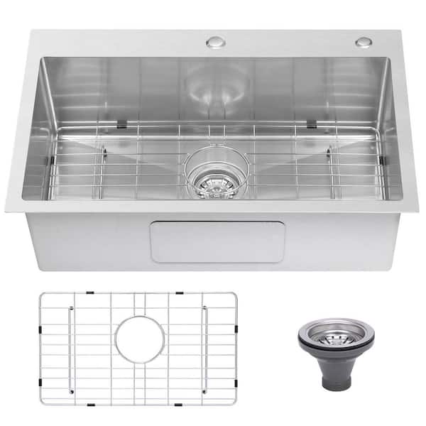 33 in. Drop In Single Bowl 18 Gauge Stainless Steel Kitchen Sink with Bottom Grid and Drain Assembly with Strainer