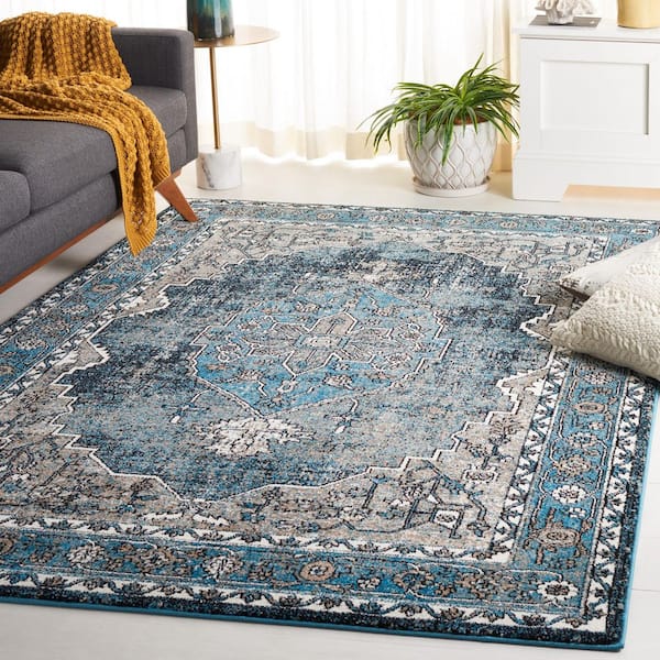 Vintage Hamadan 9 ft. x 12 ft. Blue/Ivory Ornate Border Distressed Area Rug