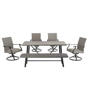 6-Piece Wicker Outdoor Dining Set with Wicker Bench, Swivel Chairs and Table