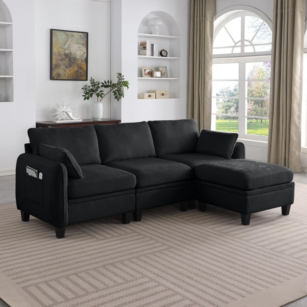 Yesenia Modern 84.6 in. 4-Piece Chenille Modular Storage Sectional Sofa with Lift-Up Storage Ottoman in. Black