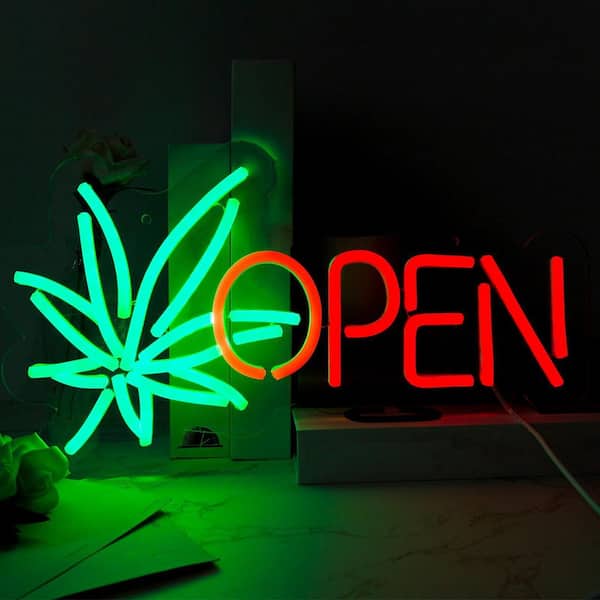 Afoxsos Open Neon Sign Dimmable Green Leaf LED Wall Decor Neon