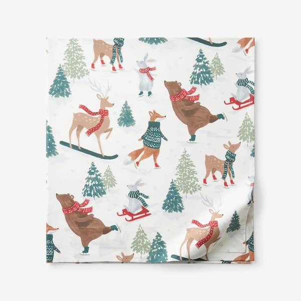 Company Cotton Winter Skiing Animals White Multi Cotton Percale Queen Flat Sheet