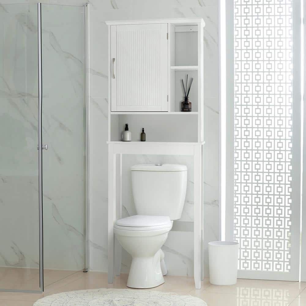 White Wooden Over-the-Toilet Cabinet with Adjustable Shelves