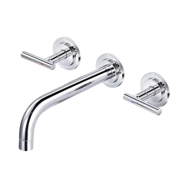 WOWOW Double Handle Wall Mounted Bathroom Faucet in Solid Brass, Polished Chrome