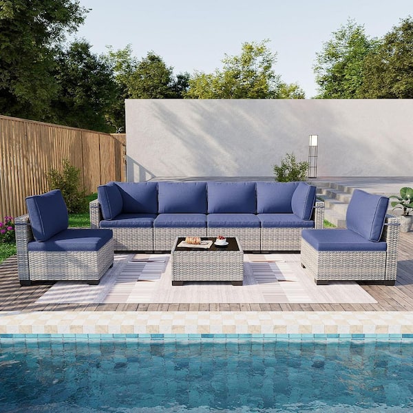 muphyers 7-Piece Wicker Outdoor Sectional Set Sofa Couch with Navy Blue Cushions