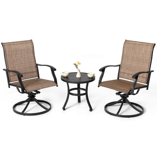 Nuu Garden Brown 3-Piece Textilene and Iron Outdoor Bistro Set, 2 Swivel Chairs and Round Bistro Table