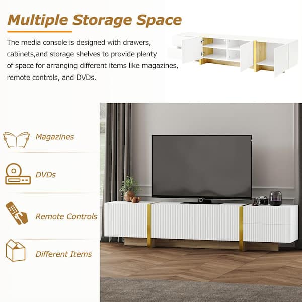 74.7 in. White Luxury Fluted TV Stan with Storage Cabinets and Drawers Fits TVs up to 80 in for Living Room