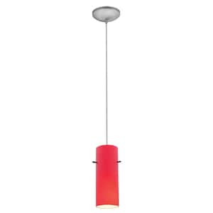 Cylinder 1-Light Brushed Steel Metal Pendant with Red Glass Shade