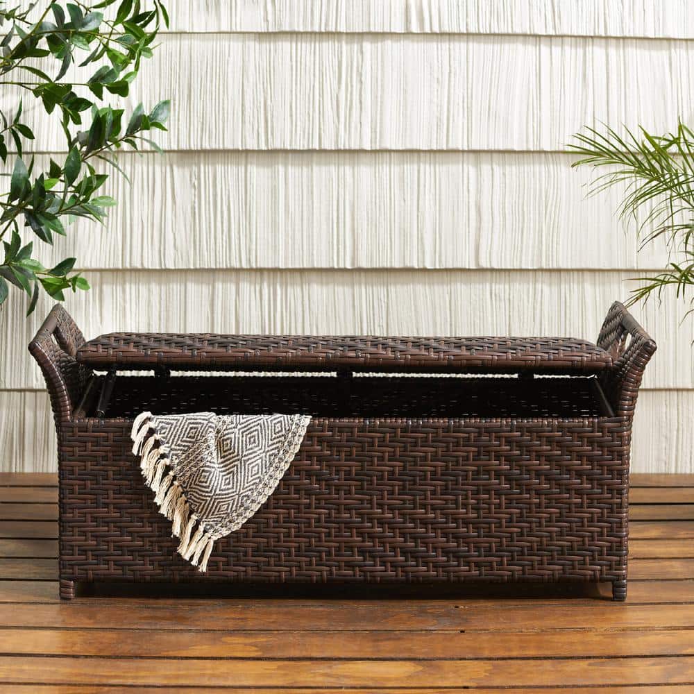 Contemporary Brown Wicker Outdoor Storage Bench/Ottoman