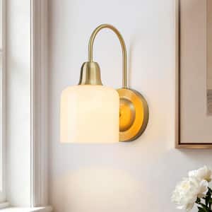 10.24 in. H 1-Light Modern Brass Cylindrical Wall Sconce with Cream Off-White Glass Shade for Bathroom