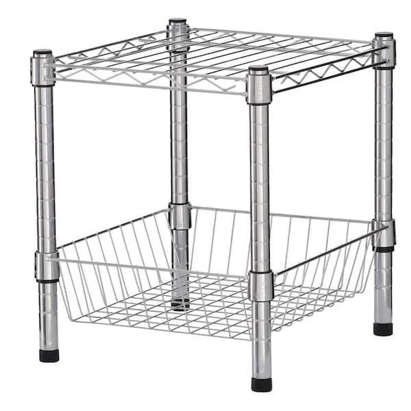 HDX Chrome Stacking Metal Wire Shelving Unit with Basket (15 in. W x 16 in. H x 14 in. D)