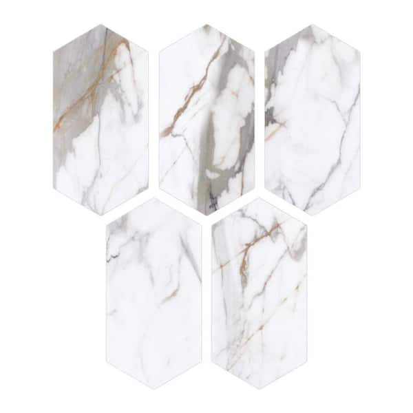sunwings Hexagon Marble 4 in. x 8 in. Calacatta Gold Peel and Stick Backsplash Stone Composite Wall Tile 36-Tiles, 6.8 sq. ft.