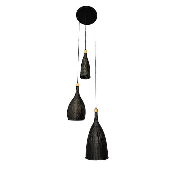 ELE Light & Decor Rio 3-Light Black Rattan Cluster Ceiling Pendant Light Modern Boho Hanging Chandelier