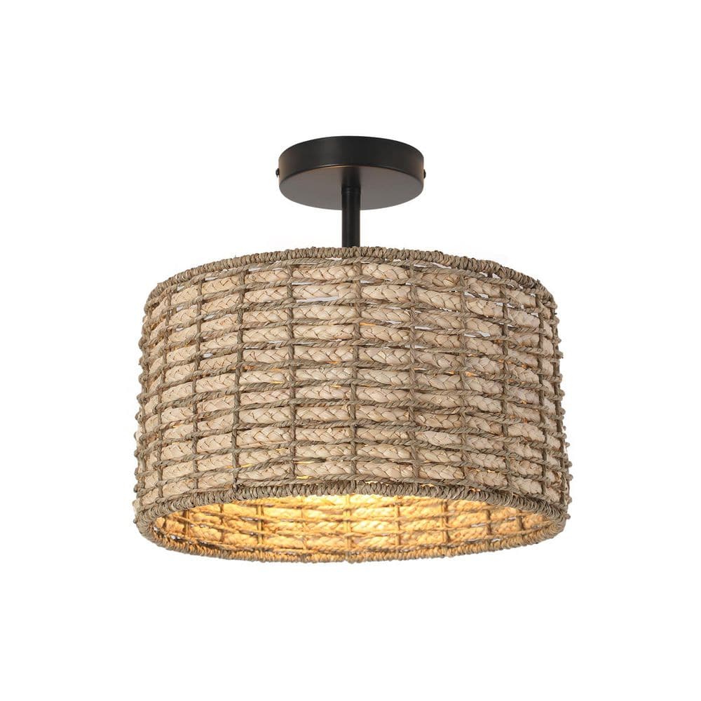 12.99 in. 2-Light Brown and Black Rustic Semi-Flush Mount Ceiling Light with Hand-Woven Rattan Shade, No Bulbs Included price history on PriceWatchPro