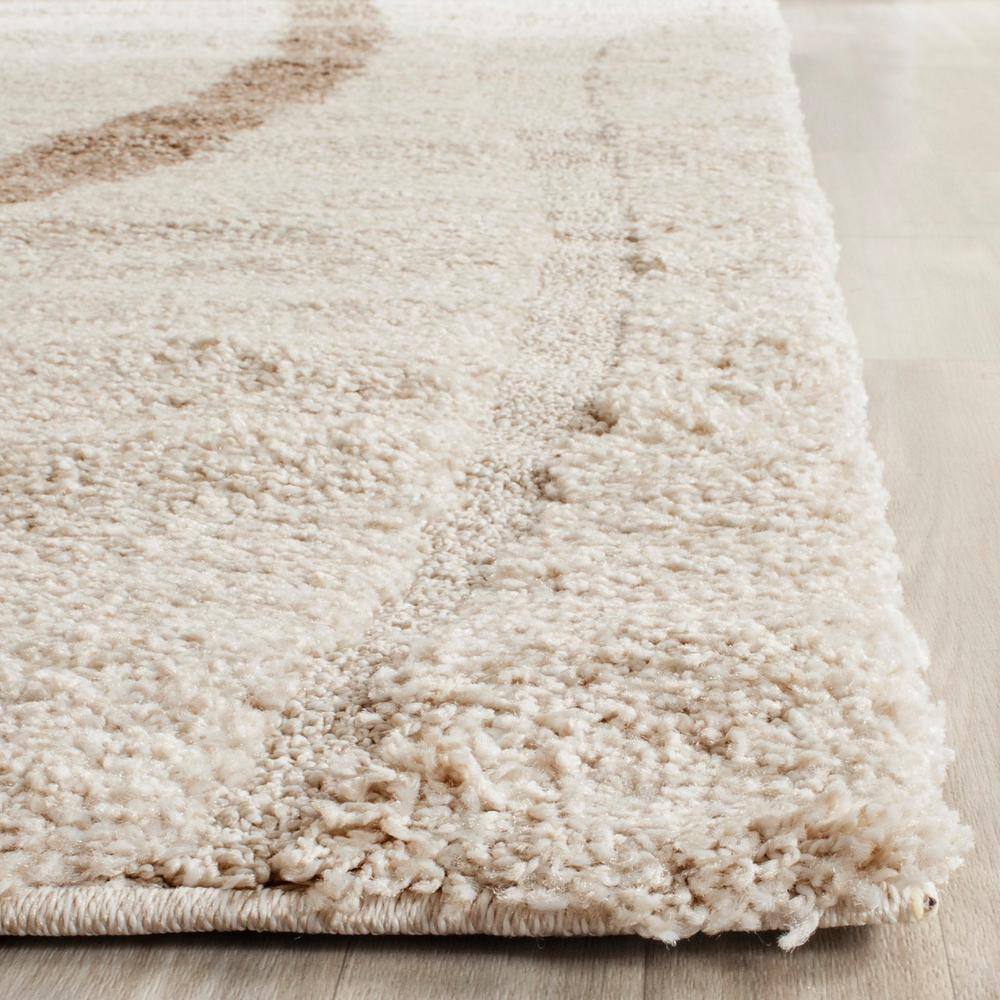 Cream and Dark Brown Rectangular Shag Rug, 4' x 6'