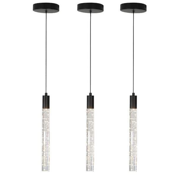 LED 6-Watt 1-Light Kitchen Island Black Mini- Pendant Light with Bubble Crystal Cylinder 3000K Warm Light (3-Pack)