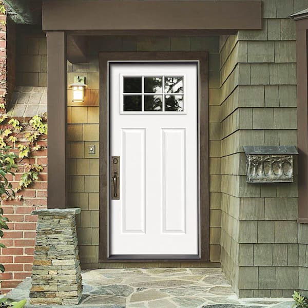 30 in. x 80 in. 6 Lite Craftsman Primed Steel Prehung Right-Hand Inswing Front Door w/Brickmould