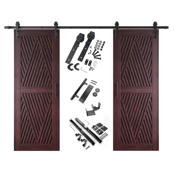 LT 26 in. x 80 in. C-Panel Red Mahogany Diamond Design Double Pine Wood Sliding Barn Door with Hardware Kit