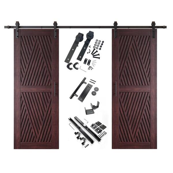 LT 26 in. x 84 in. C-Panel Red Mahogany Diamond Design Double Pine Wood Sliding Barn Door with Hardware Kit