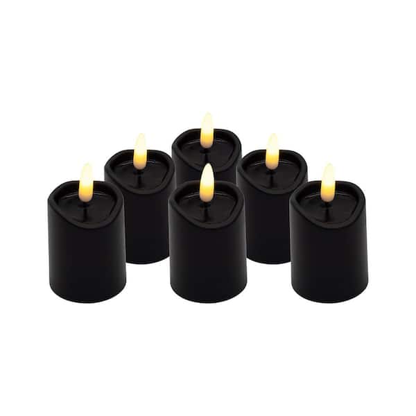 Battery Operated 3D Wick Flame Mini Pillars, Black - Set of 6