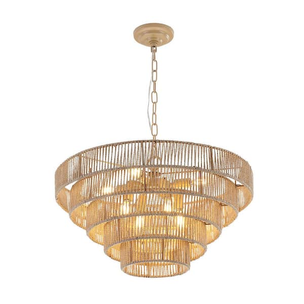 23.6 in. 8-Light Wood Modern Tiered Ring Chandelier, Hanging Light Fixture with Adjustable Height (Bulb Not Included)