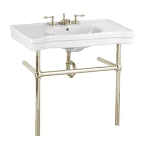 Belle Epoque 35.5 in. Console Sink Vitreous China in White with Satin Nickel Bistro Legs and Widespread Faucet Holes