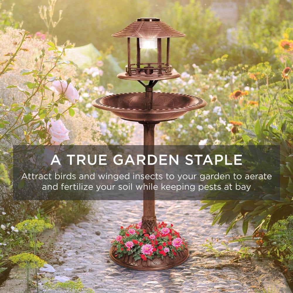 Bronze Solar-Powered Outdoor Bird Bath with Planter Base