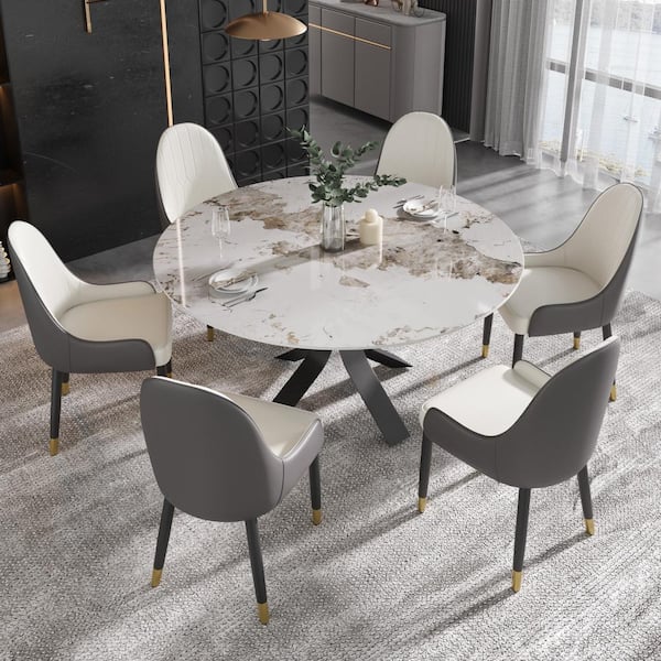 J&E Home White Glossy Sintered Stone 59.05 in. Pedestal Round Dining Table with Titanium Stainless Steel Base Seats 8