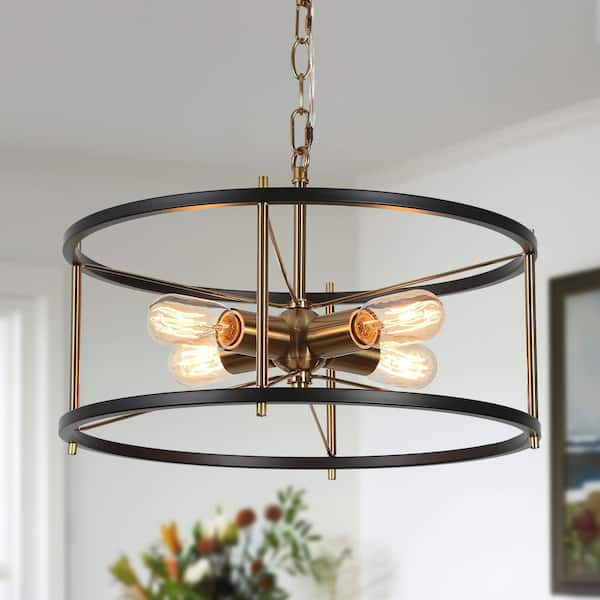 Cucko 4-Light Plated Brass Modern Drum Chandelier Lighting, Black Cage Pendant Light, Industrial Hanging Light Fixture