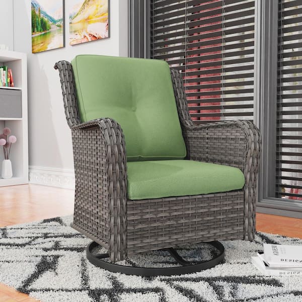 JOYSIDE Wicker Outdoor Rocking Chair Patio Swivel with Green Cushions