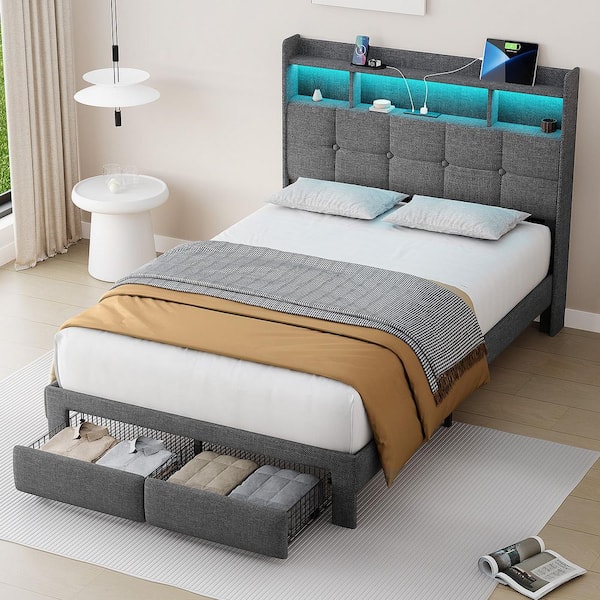 Light Gray wood Frame Full Size Upholstered Platform Bed with LED Lights, Charging Station, Headboard and 2-Drawers