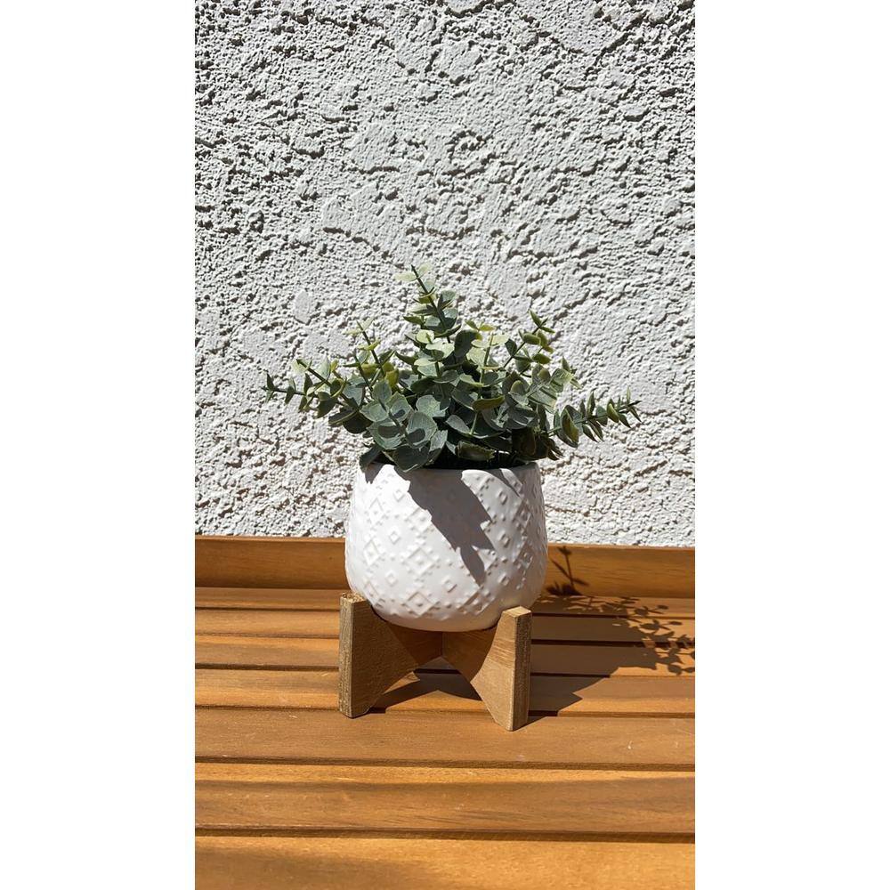 Matte White Ceramic & Wood Stand Indoor Planter, 4.75"