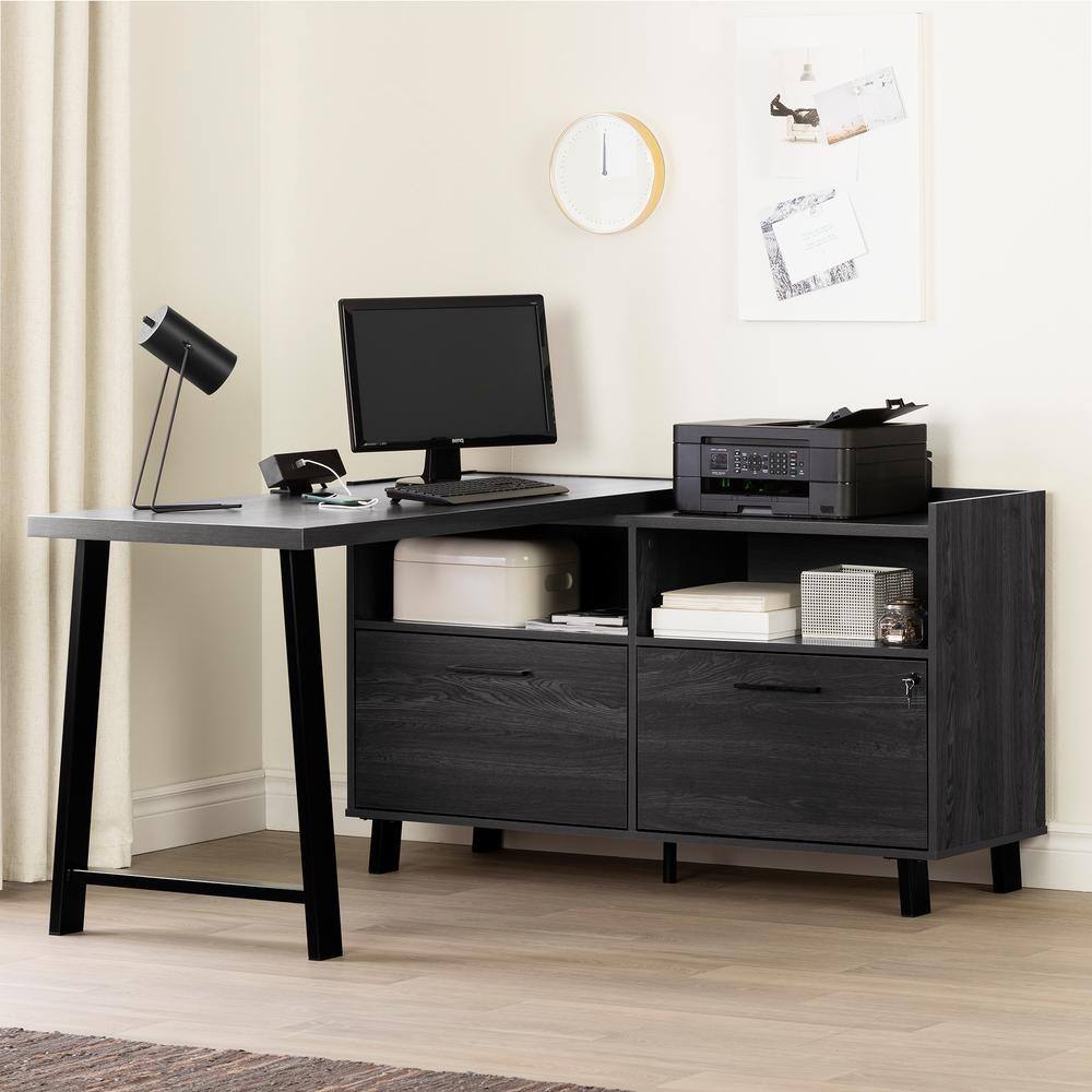 Gray Oak L-Shaped Computer Desk with Power Outlet and Filing Cabinet