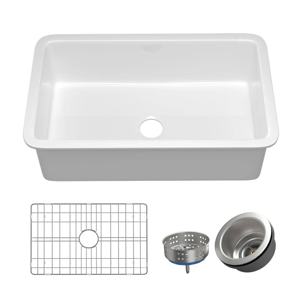 32'' White Fireclay Single Bowl Undermount Kitchen Sink